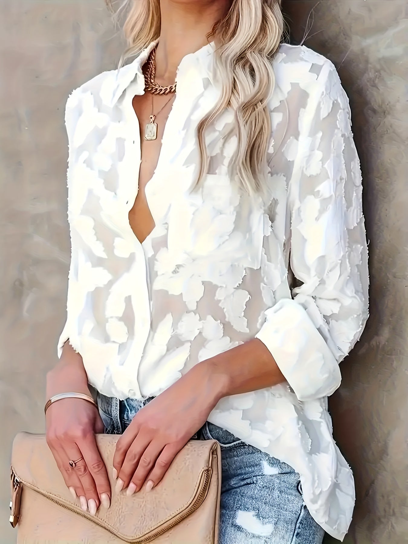 Luxurious Sheer Blouse - Stylish Button-Up, Elegant Long Sleeves - Perfect for a Spring And Autumn Wardrobe.
